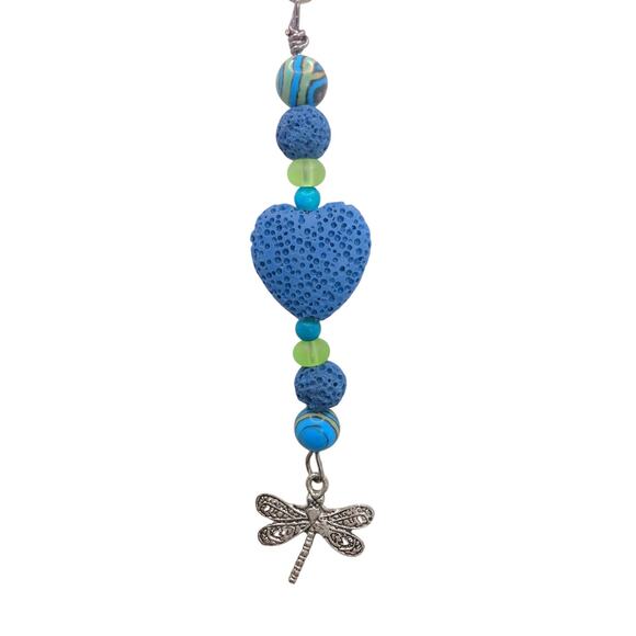 Artisan Dragonfly Purse Charm Malachite Lava Stone Keychain Diffuser Blue Silver - Picture 1 of 10